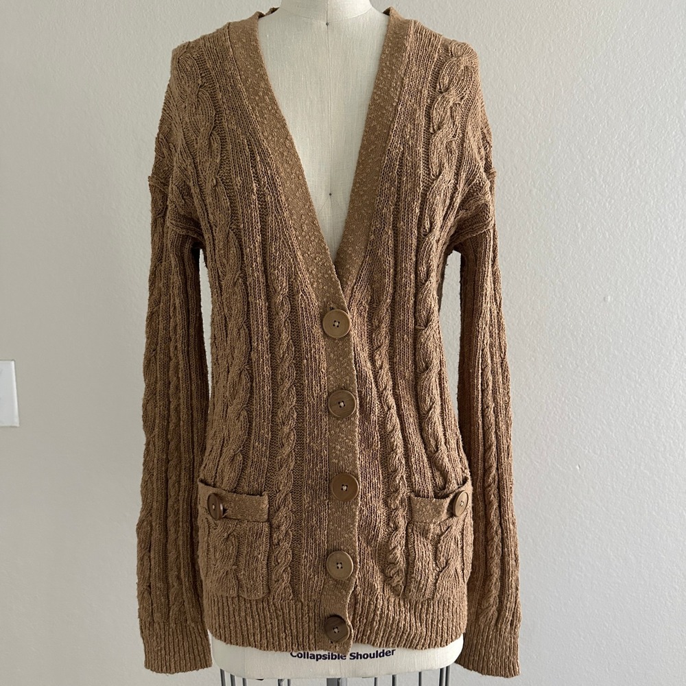 Vtg Banana Republic Cable Knit Cardigan M Brown V-Neck Button Academia Y2K